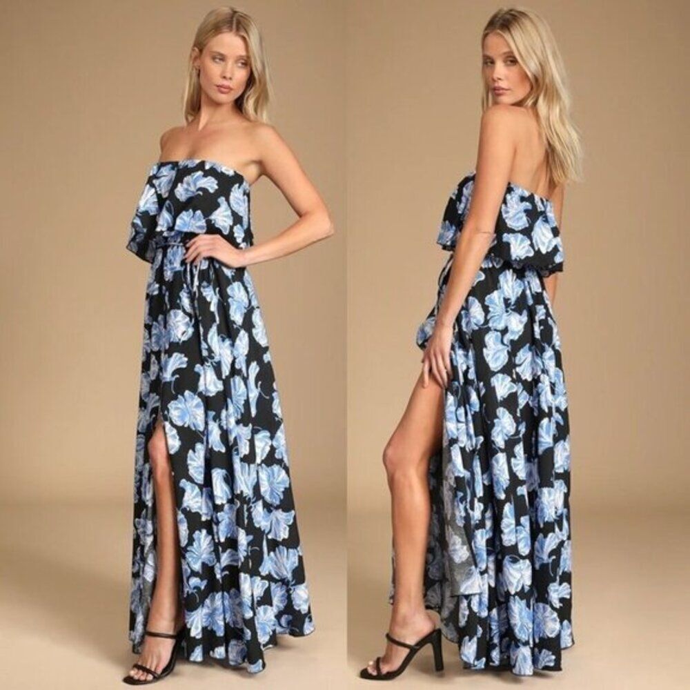 Lulu Floral Print Strapless Overlay Bodice Maxi Dress Festive Black Blue Medium